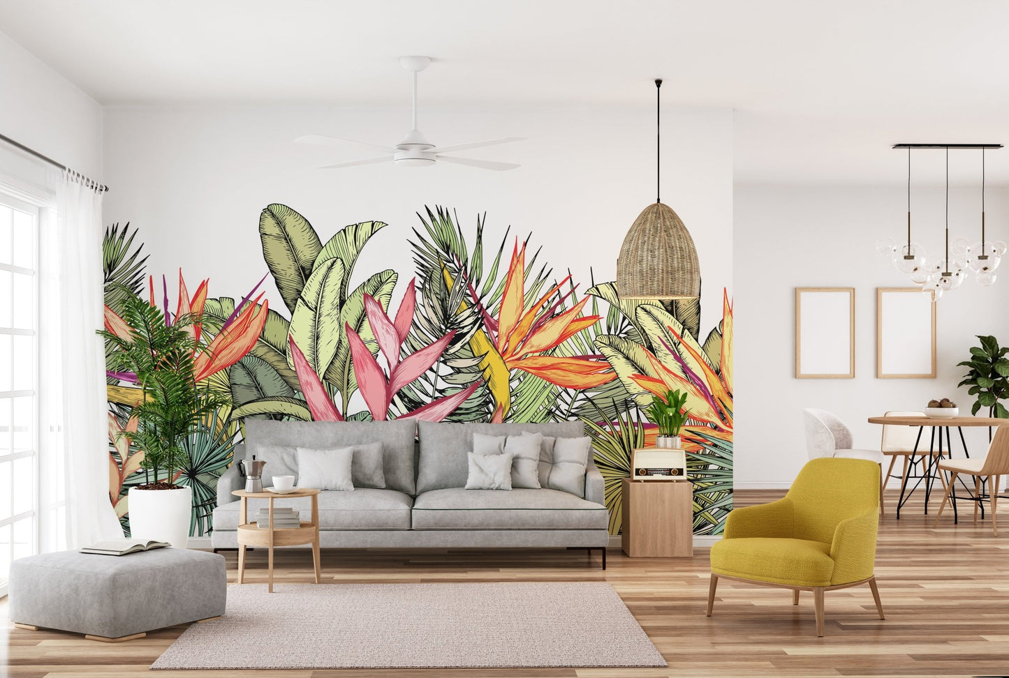 Colorful tropical palm leaves wallpaper art A986