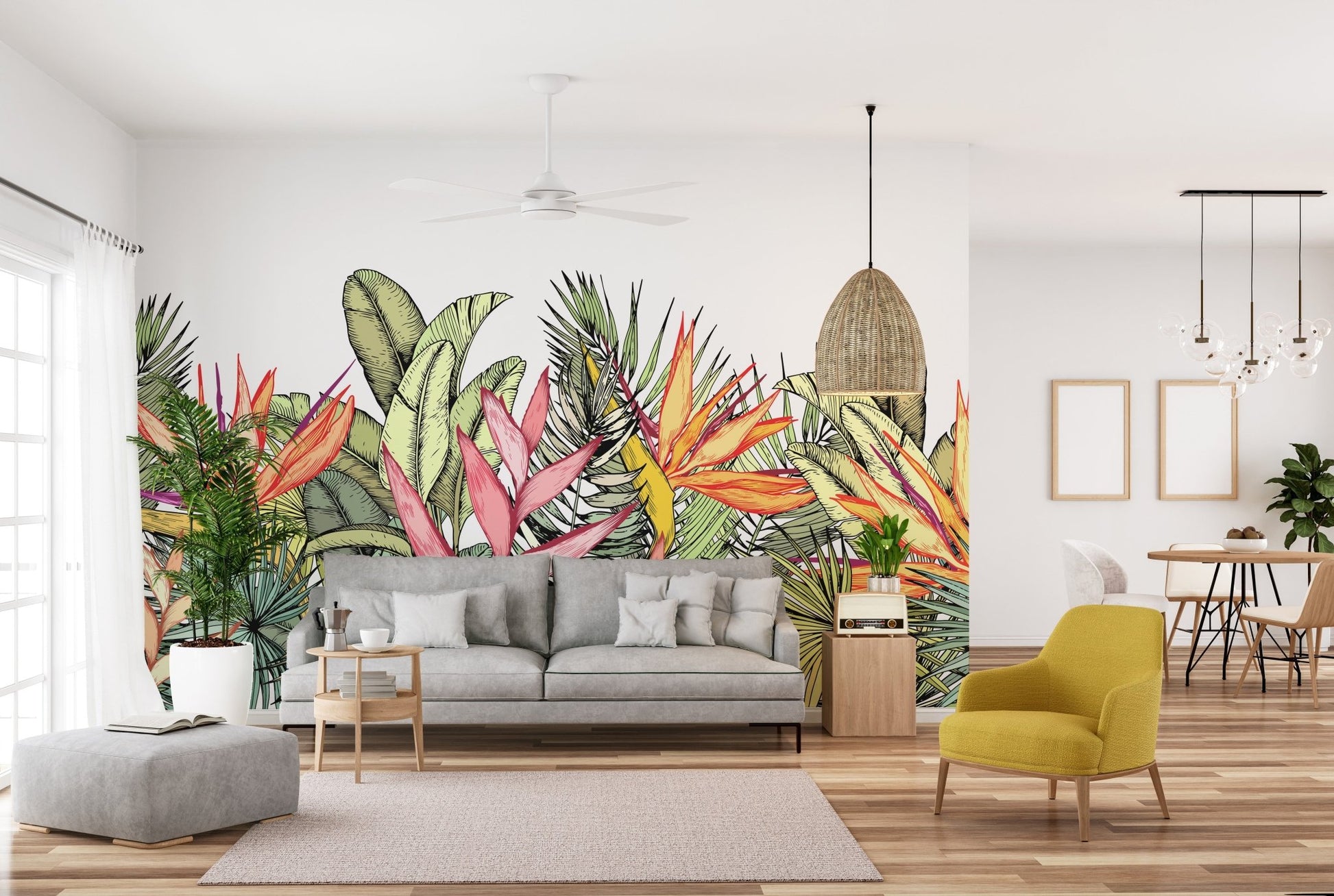 Colorful tropical palm leaves wallpaper art A986