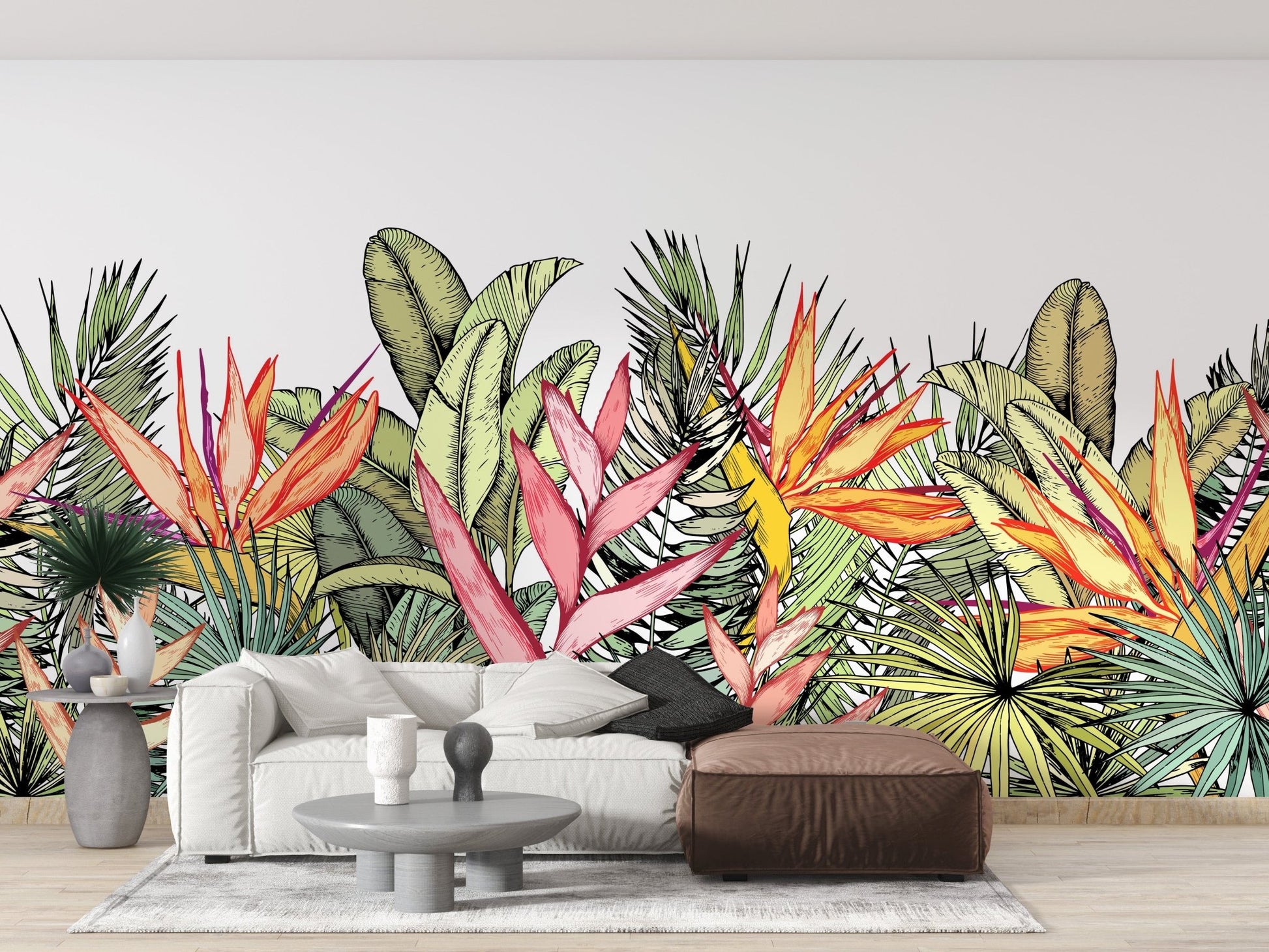 Colorful Tropical Palm Leaves Flowers Wall Murals - Giffywalls A986