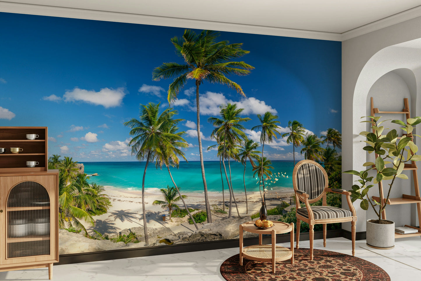 An artistic exotic shore mural on minimalist wallpaper.




