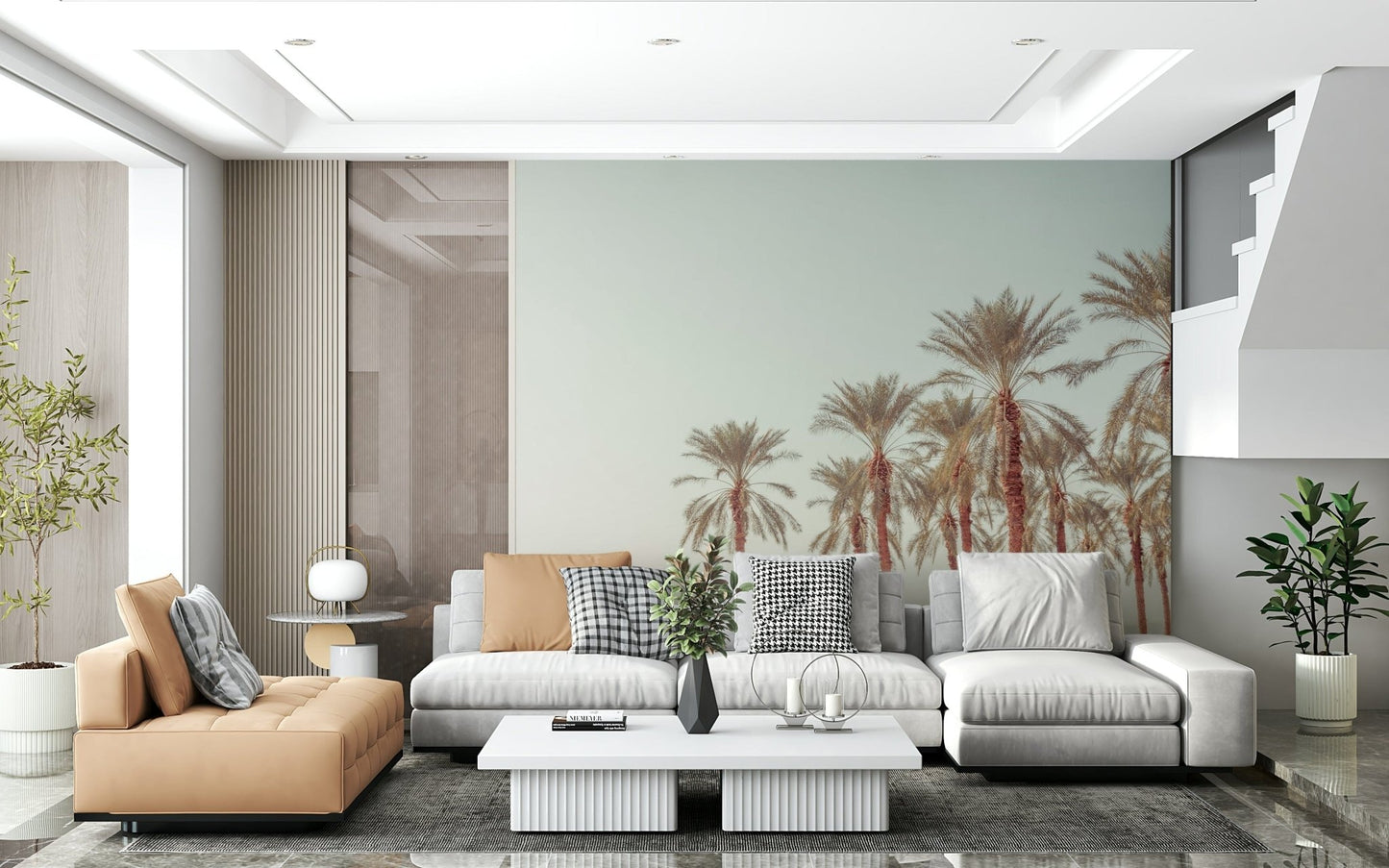 Light tropical Palm Oasis Hues Wall Mural photo detail.
