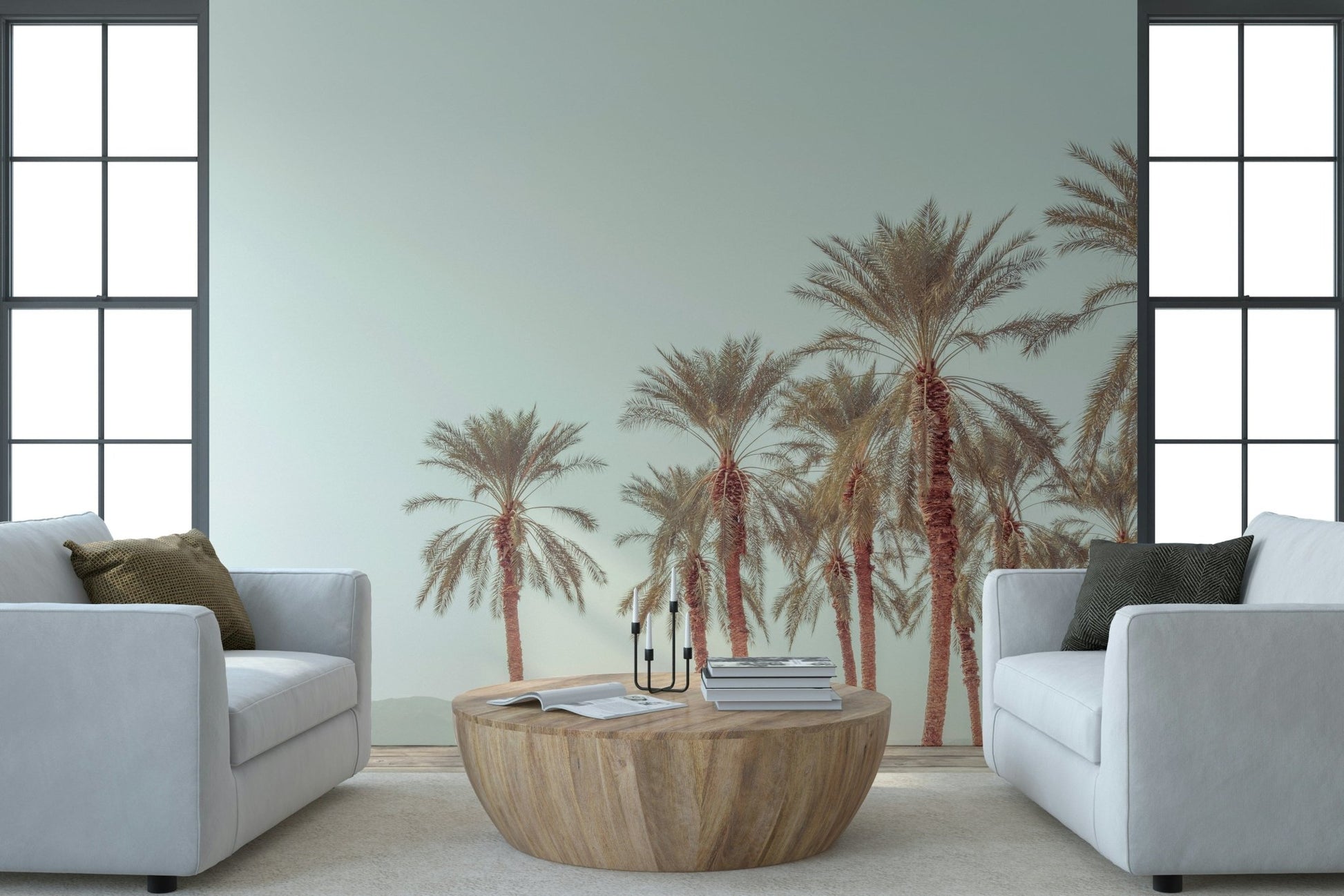 Wide open Palm Oasis Hues Wall Mural pale sky image.
