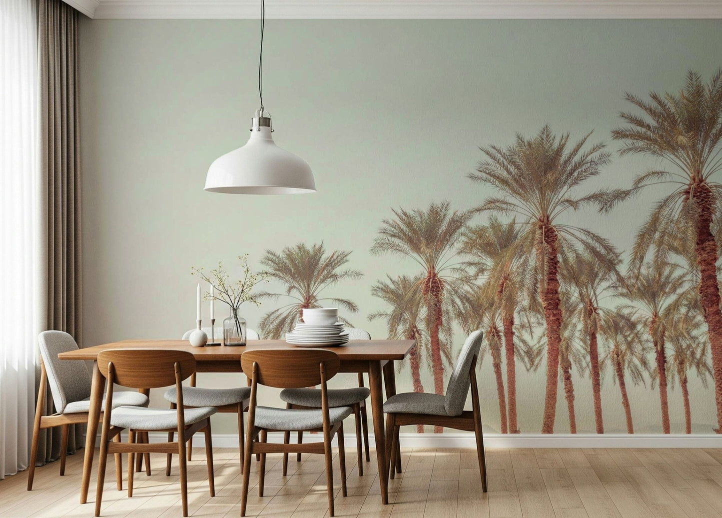 Muted tropical Palm Oasis Hues Wall Mural scene.