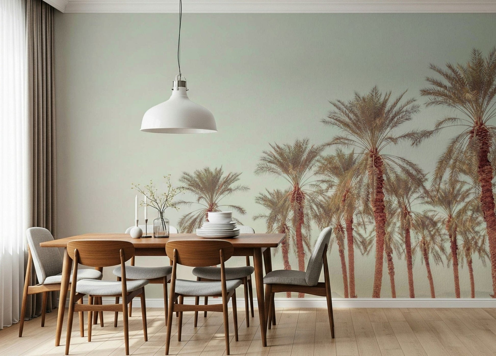 Muted tropical Palm Oasis Hues Wall Mural scene.