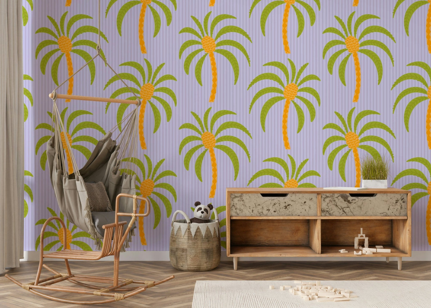 The image shows a repeating pattern of palm trees and stripes.

