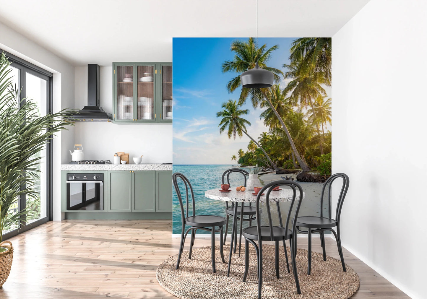 Beach scene wall mural with clear blue water and sky