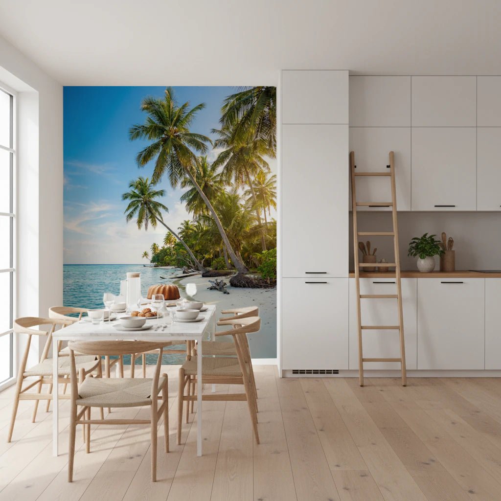Relaxing wall mural with tropical shoreline and greenery