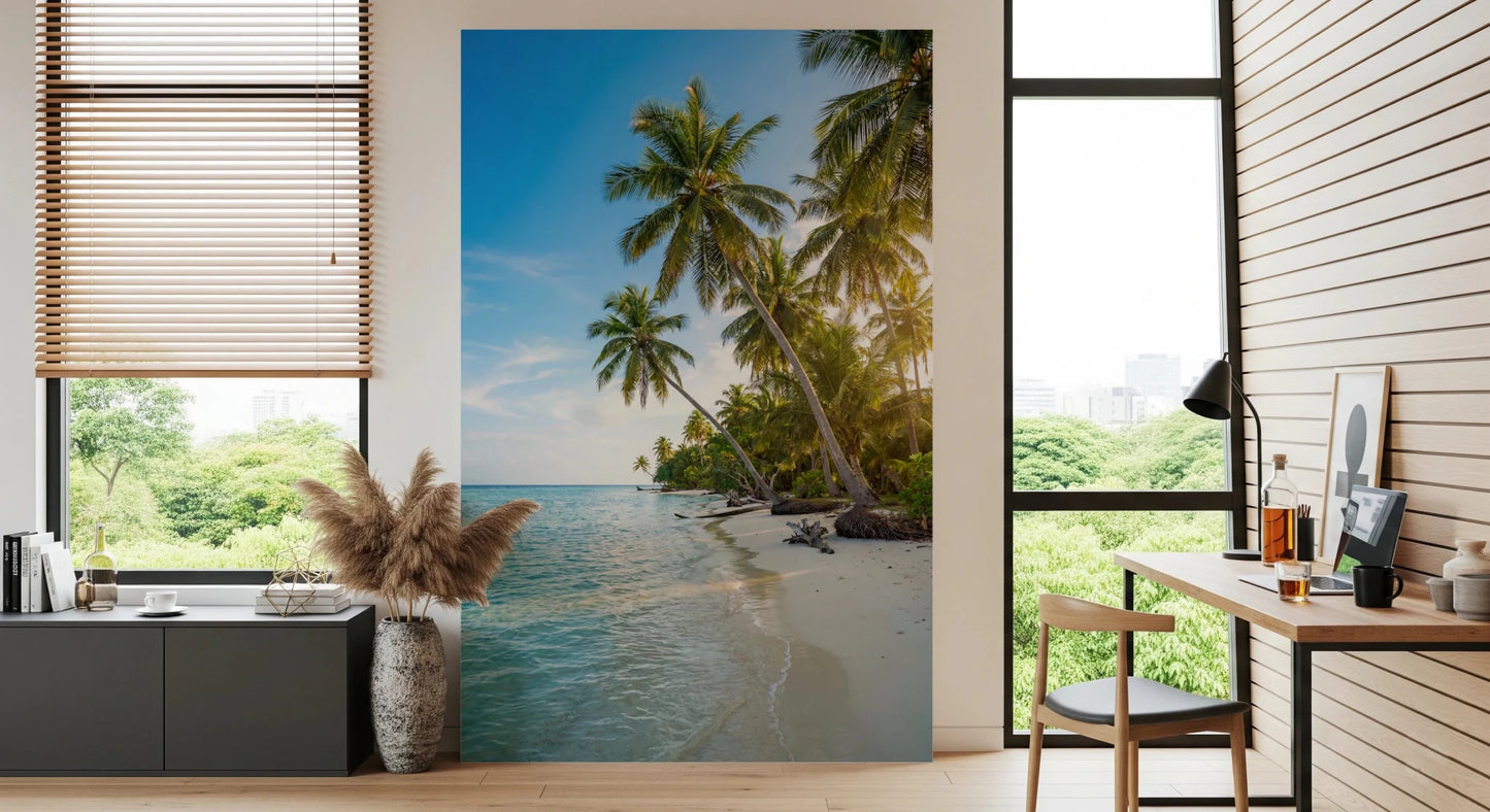 Scenic wall mural with beach, palms, and blue horizon