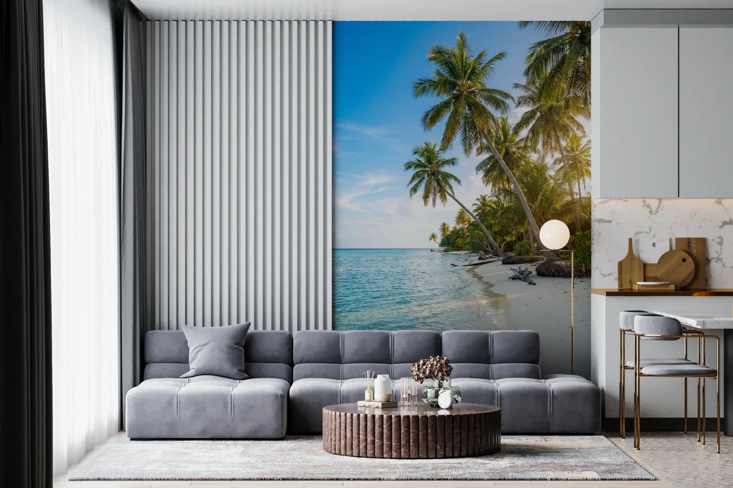 Living room with Palm Paradise Wall Mural tropical beach view