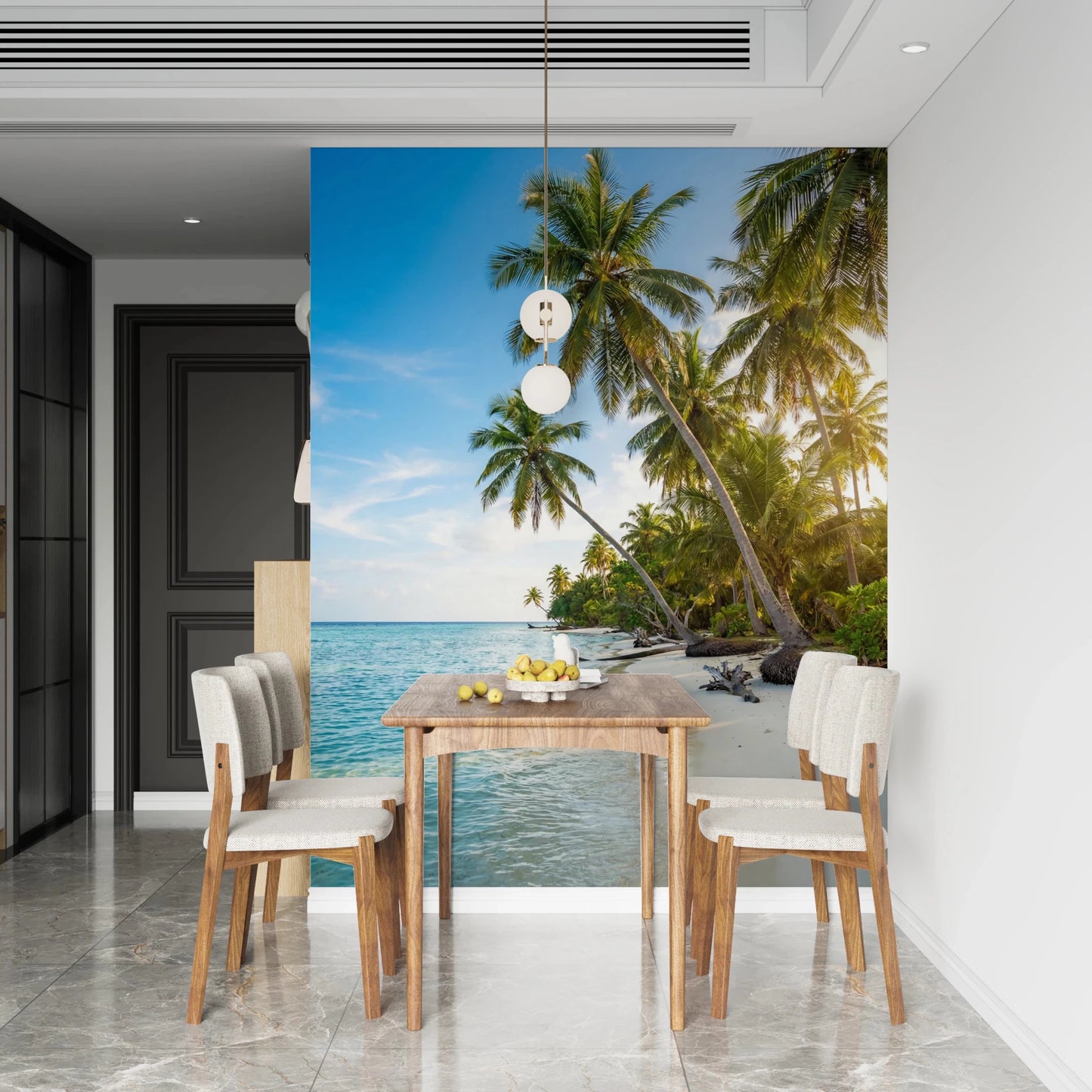 Coastal wall mural with leaning palms and ocean waves