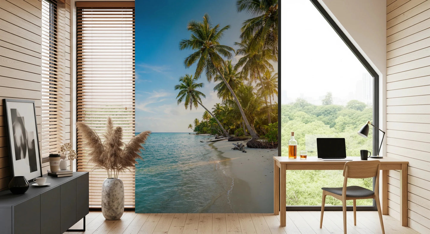 Tropical wall mural with palm trees and sandy shoreline