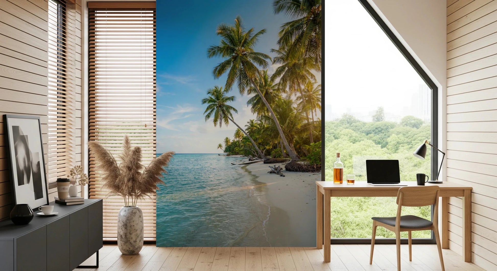 Tropical wall mural with palm trees and sandy shoreline