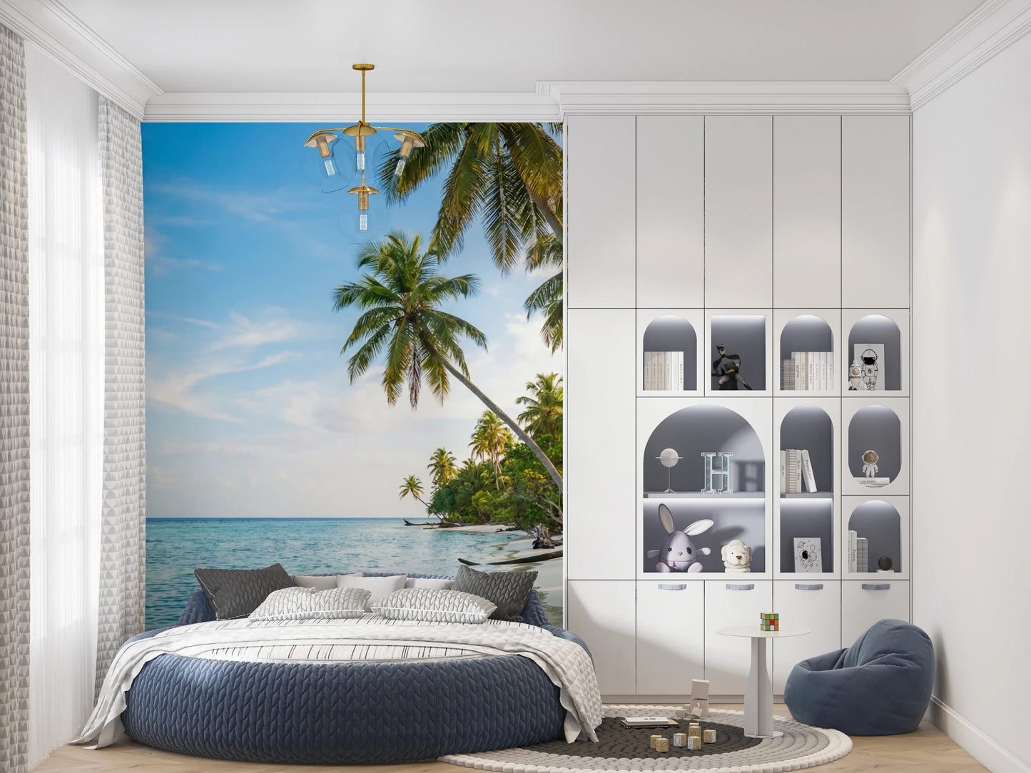 Bedroom styled with Palm Paradise Mural and ocean scene