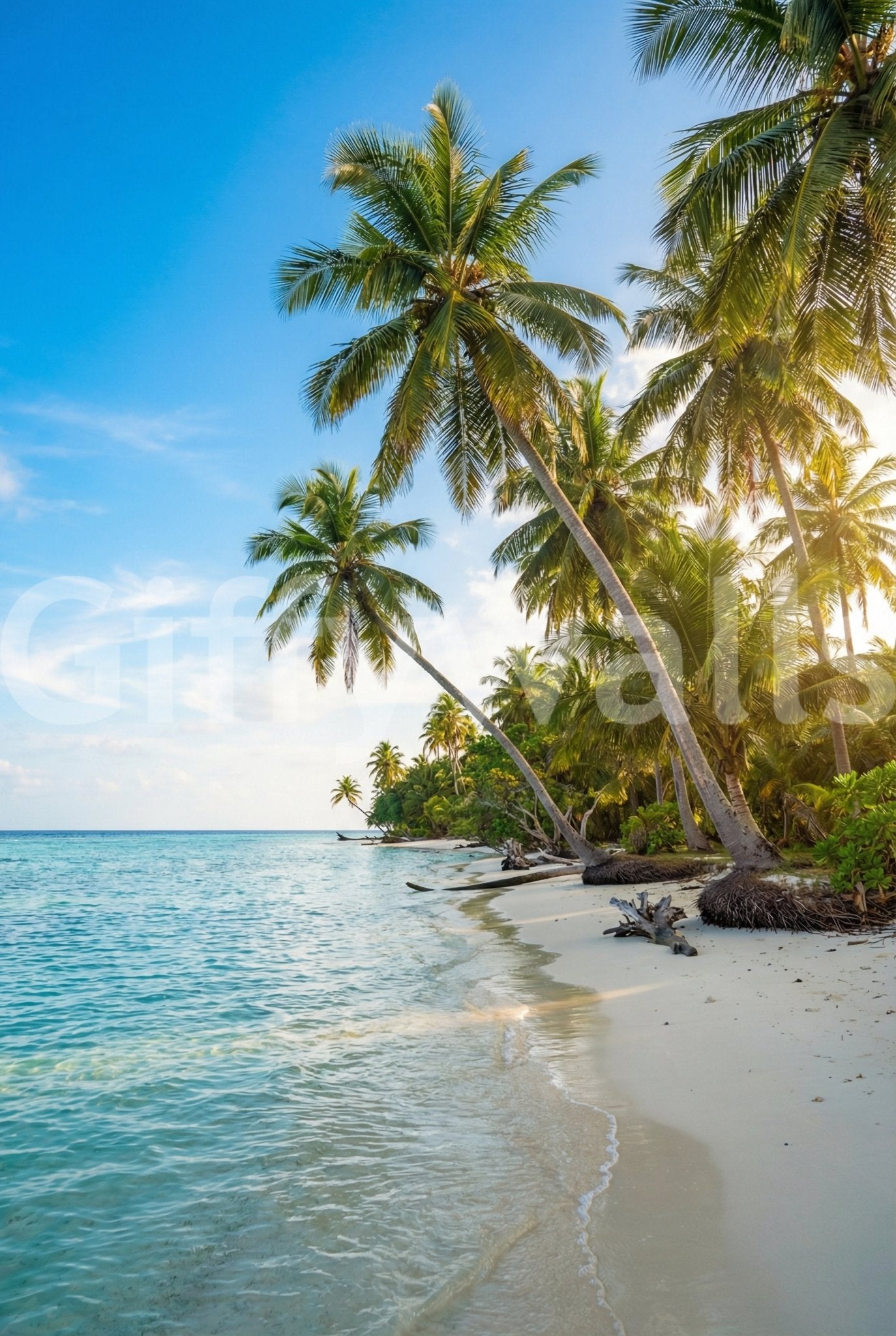 Oceanfront wall mural with sunlit palm trees detail