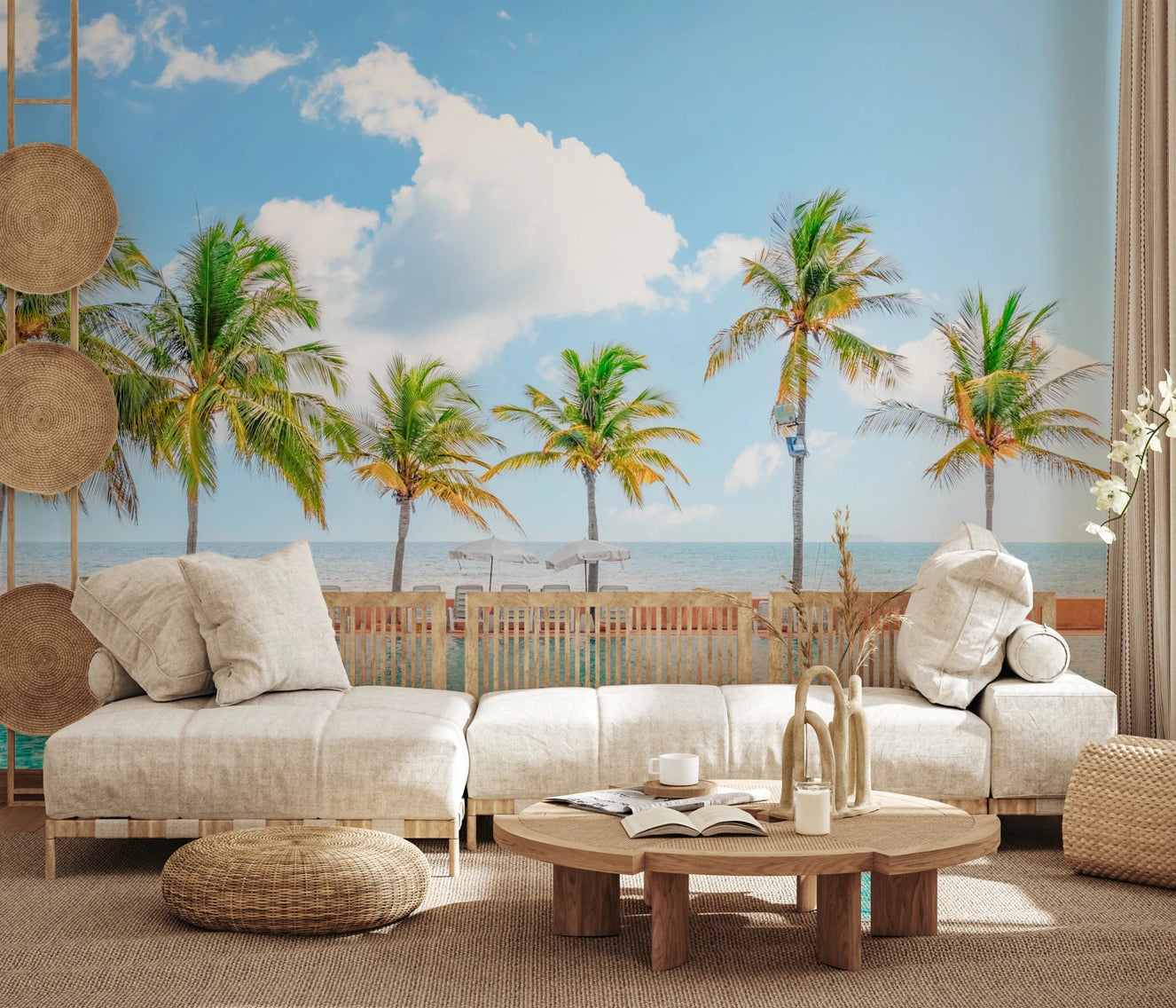 Coastal living room with beige sofa and Palm Pool Escape Wall Mural facing pool view