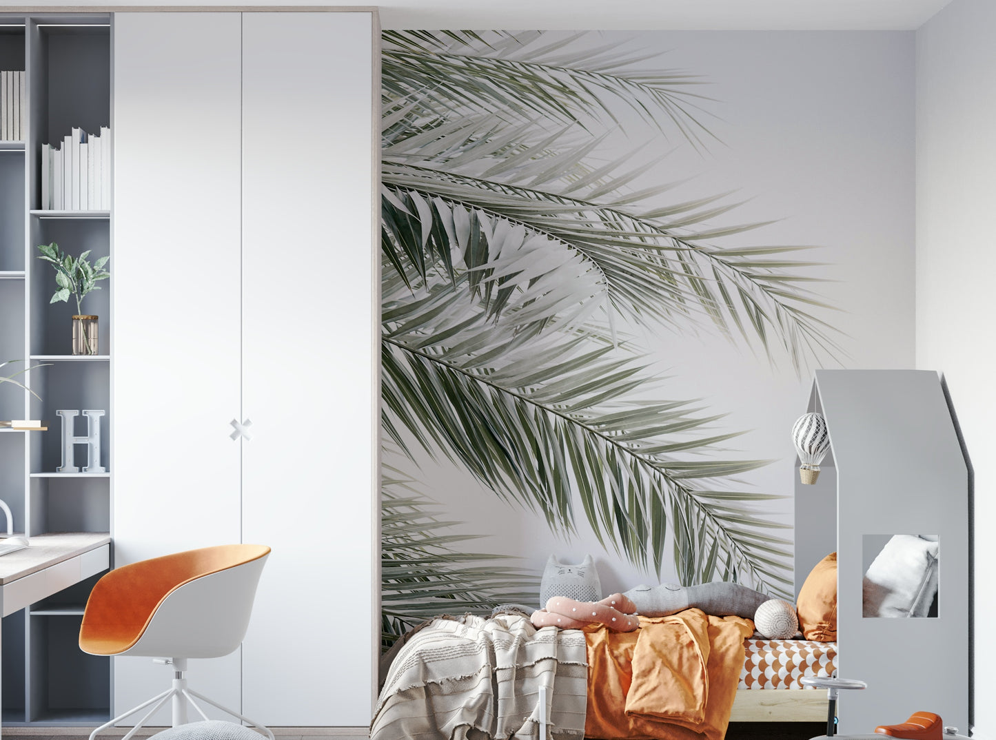 Lush green foliage of palm trees.

