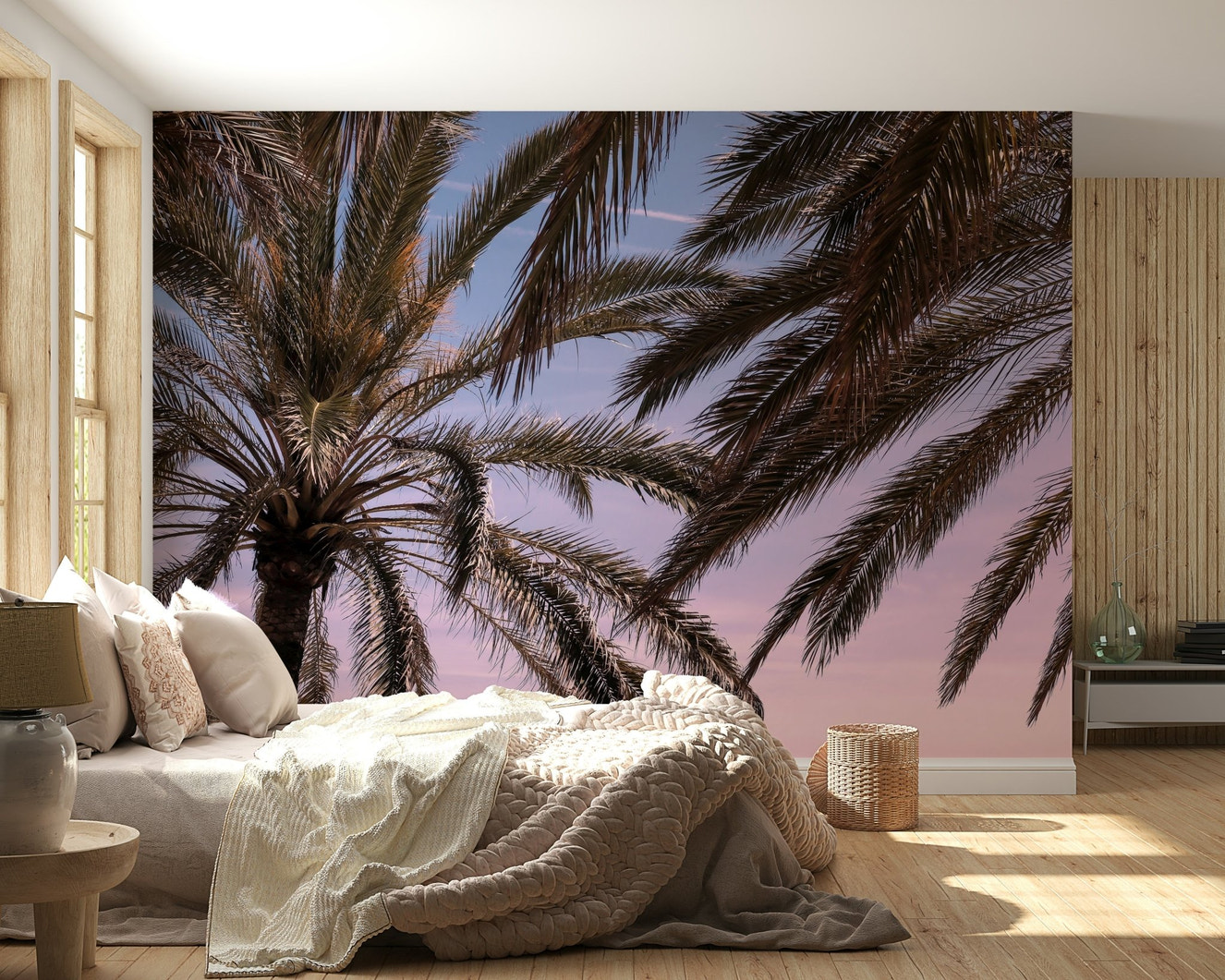 A beautiful palm tree silhouette wallpaper mural against a serene sky at dusk.