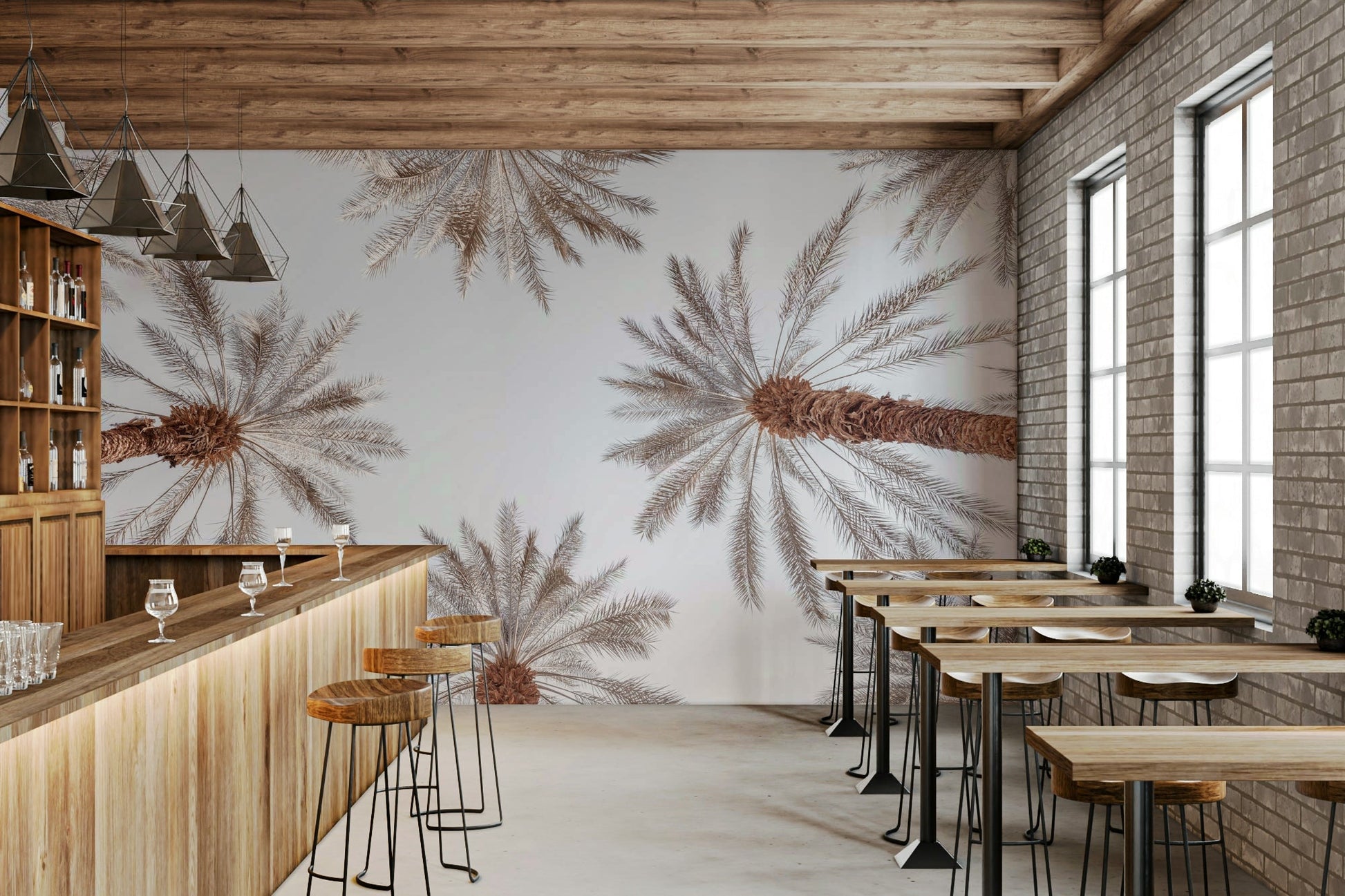 A wall mural of a peaceful palm pattern.

