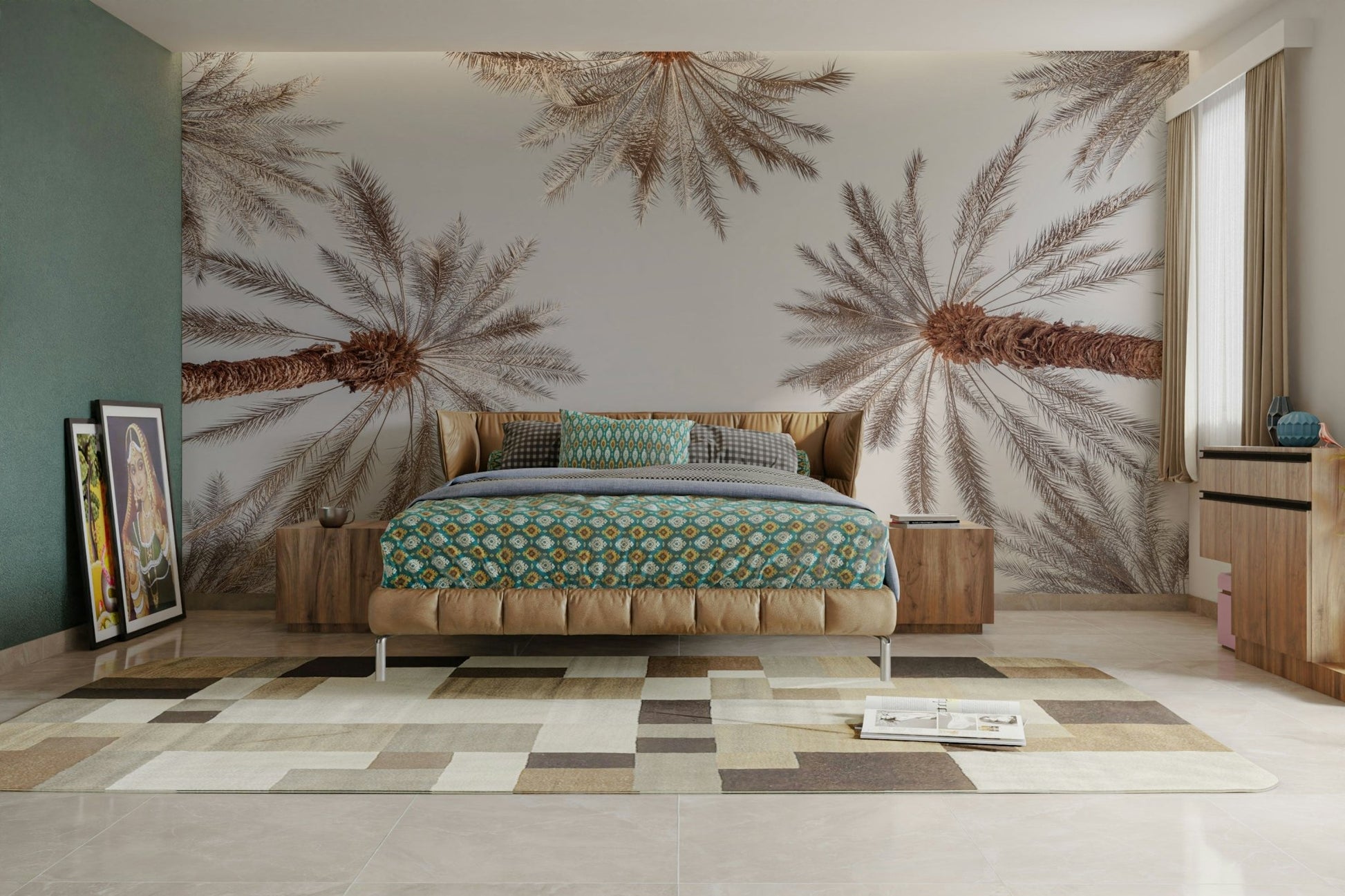 The palm trees are a central focus of the image.

