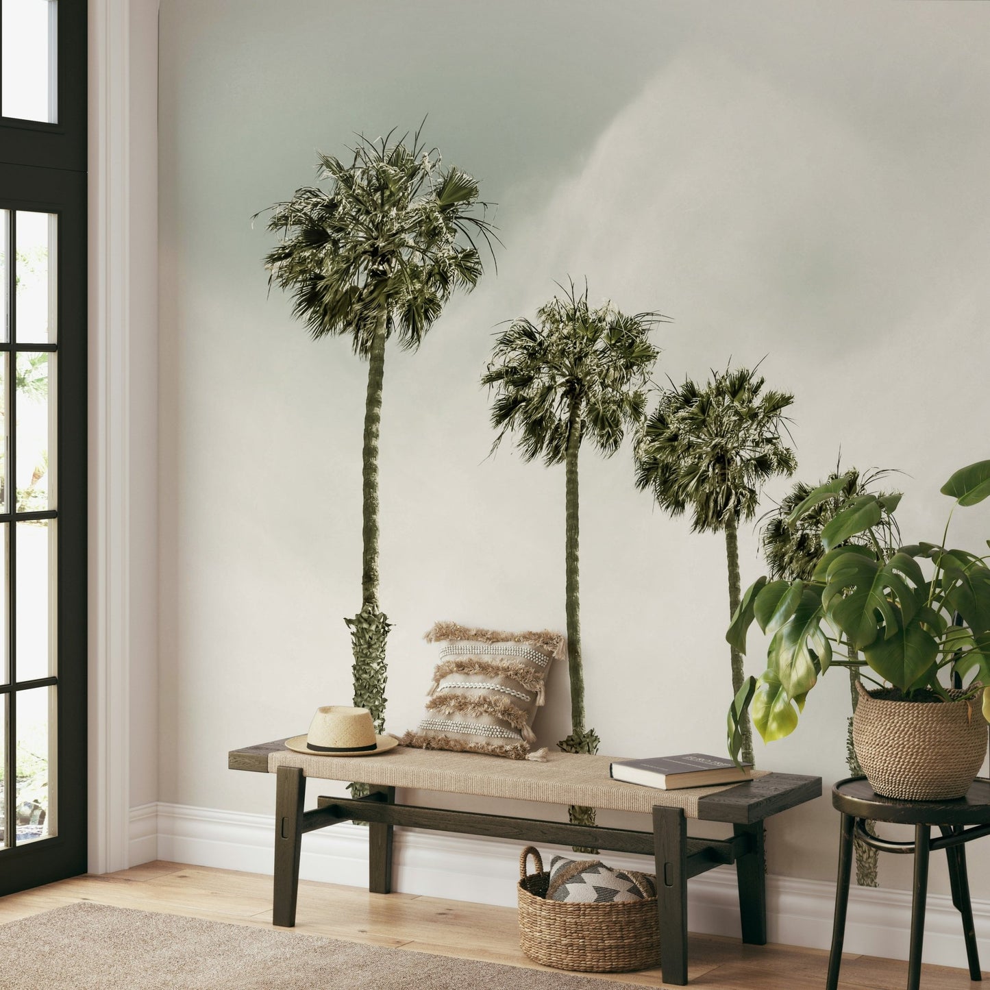 Retro beach mural featuring palm trees and waves

