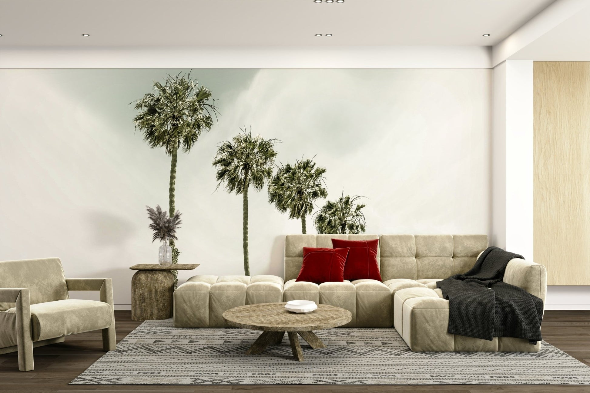 Classic vintage beach scene with palm trees mural

