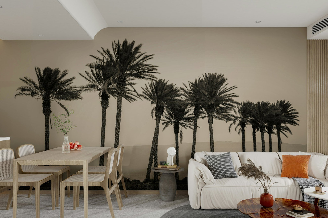 Palm Trees Embracing the Beach Wall Mural in monochrome

