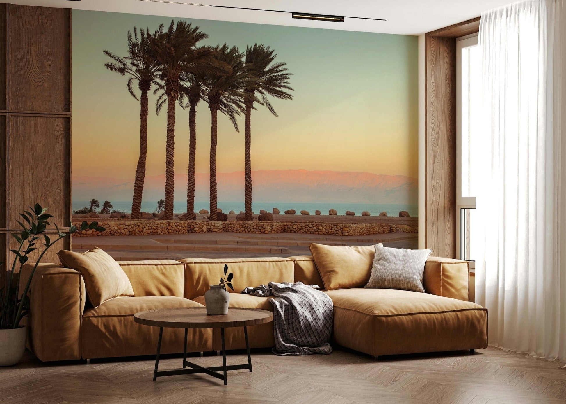 Silhouette Palm Trees on Beach mural, pastel color gradient.