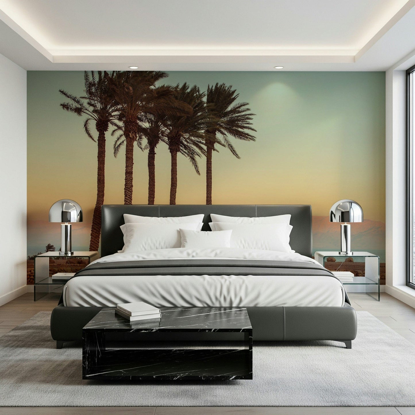 Desert Palm Trees on Beach mural, warm hazy mountain backdrop.