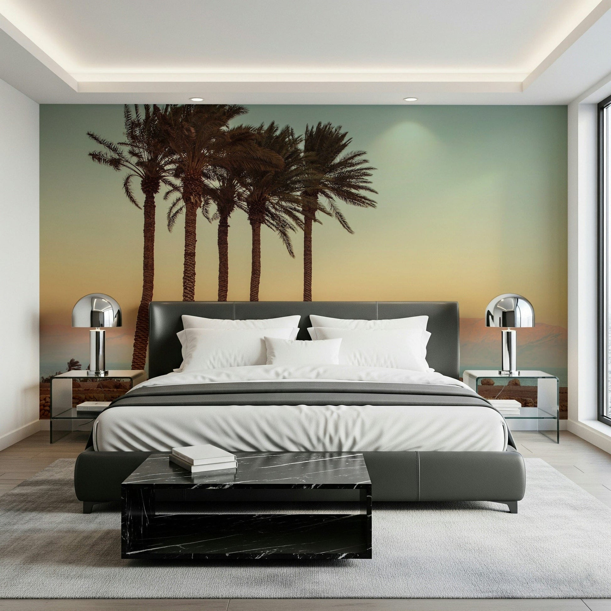 Desert Palm Trees on Beach mural, warm hazy mountain backdrop.