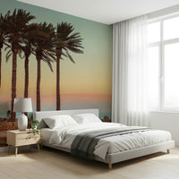 Exotic Palm Trees on Beach wall covering, gentle evening sky.