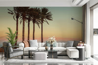 Dramatic Palm Trees on Beach mural, towering fronds outline.