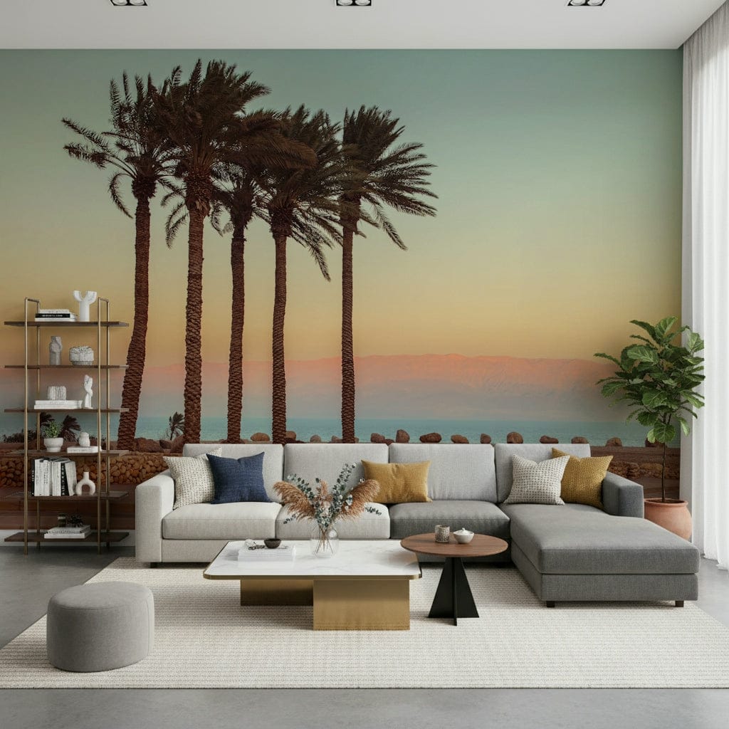 Tranquil Palm Trees on Beach wallpaper, distant mountain vista.