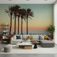 Tranquil Palm Trees on Beach wallpaper, distant mountain vista.