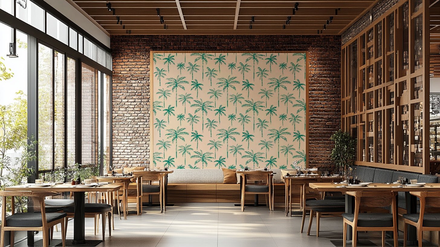 The wallpaper pattern showing multiple palm fronds overlapping., GD4387