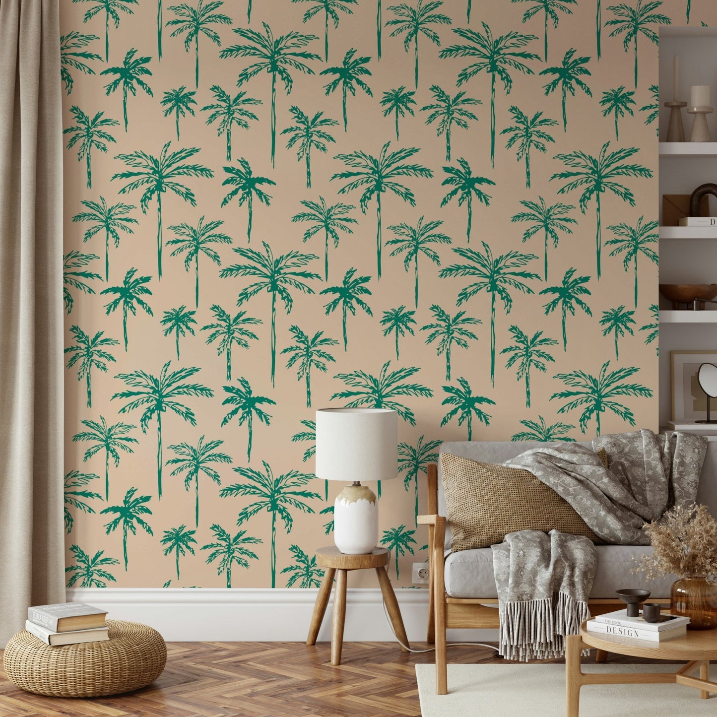 A living room wall covered in a lush, tropical palm tree wallpaper.

