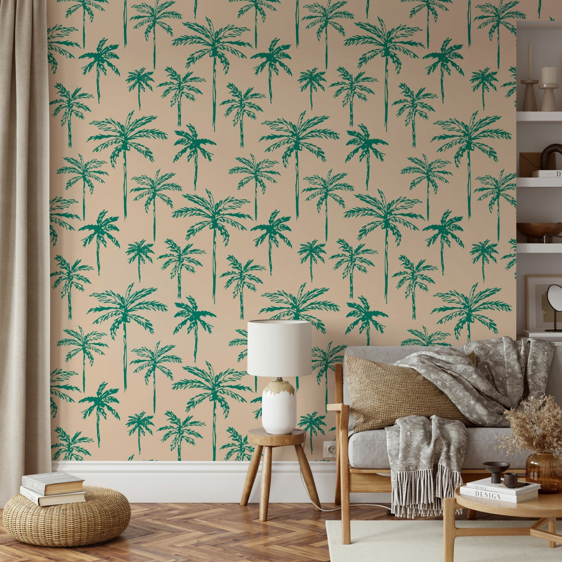 A living room wall covered in a lush, tropical palm tree wallpaper.


