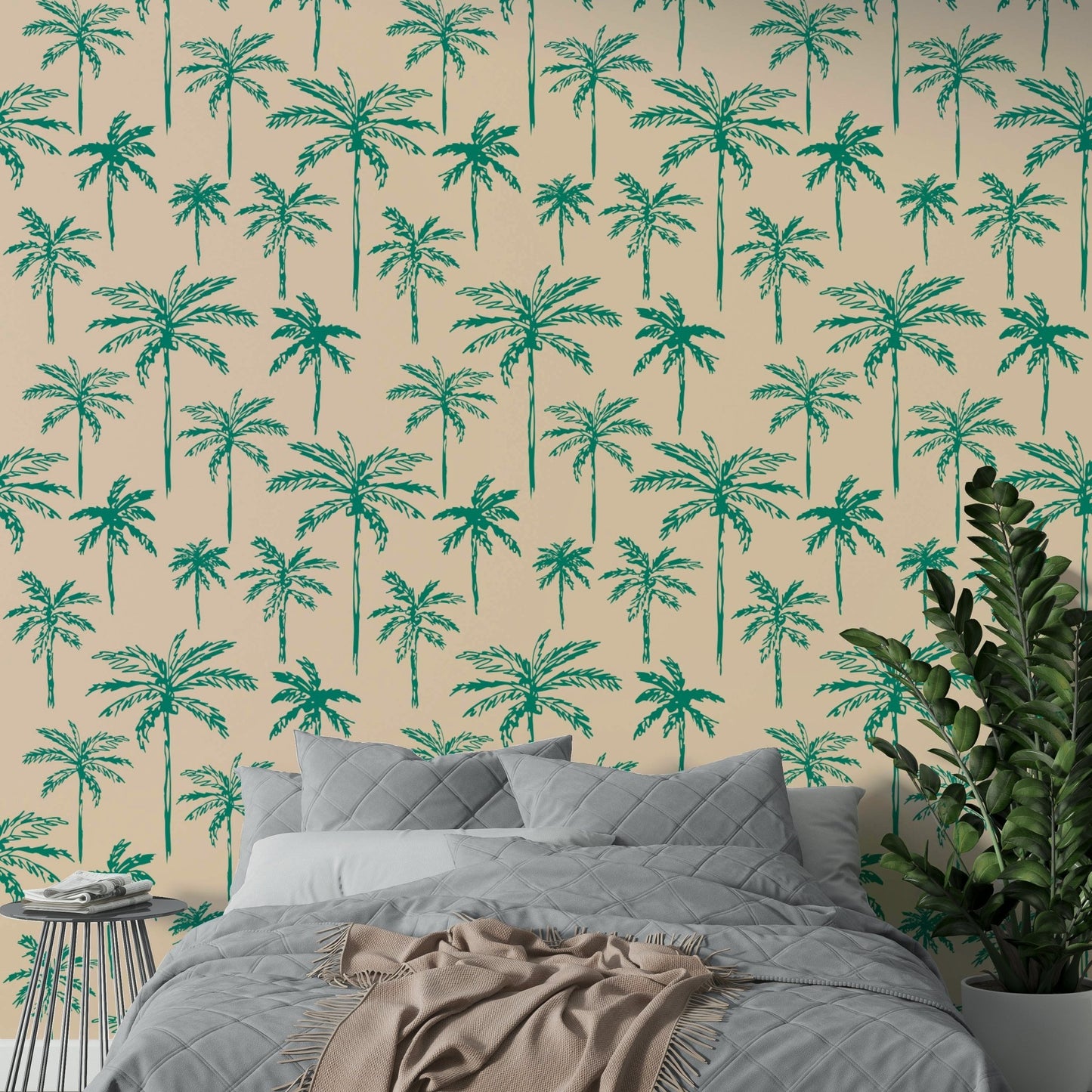 A black and white palm tree silhouette mural in a modern bedroom.

