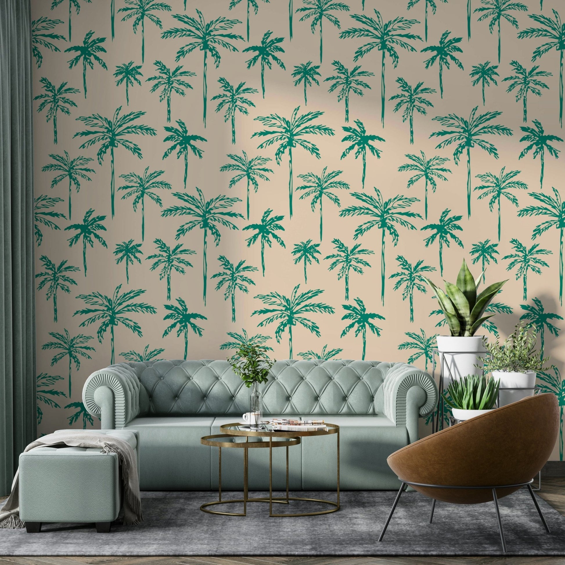 A corner of a room with the palm tree wallpaper design.

