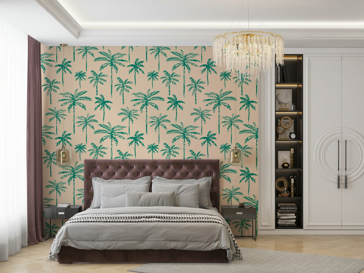 A wider view of the tropical-themed wallpaper in a sunlit space.

