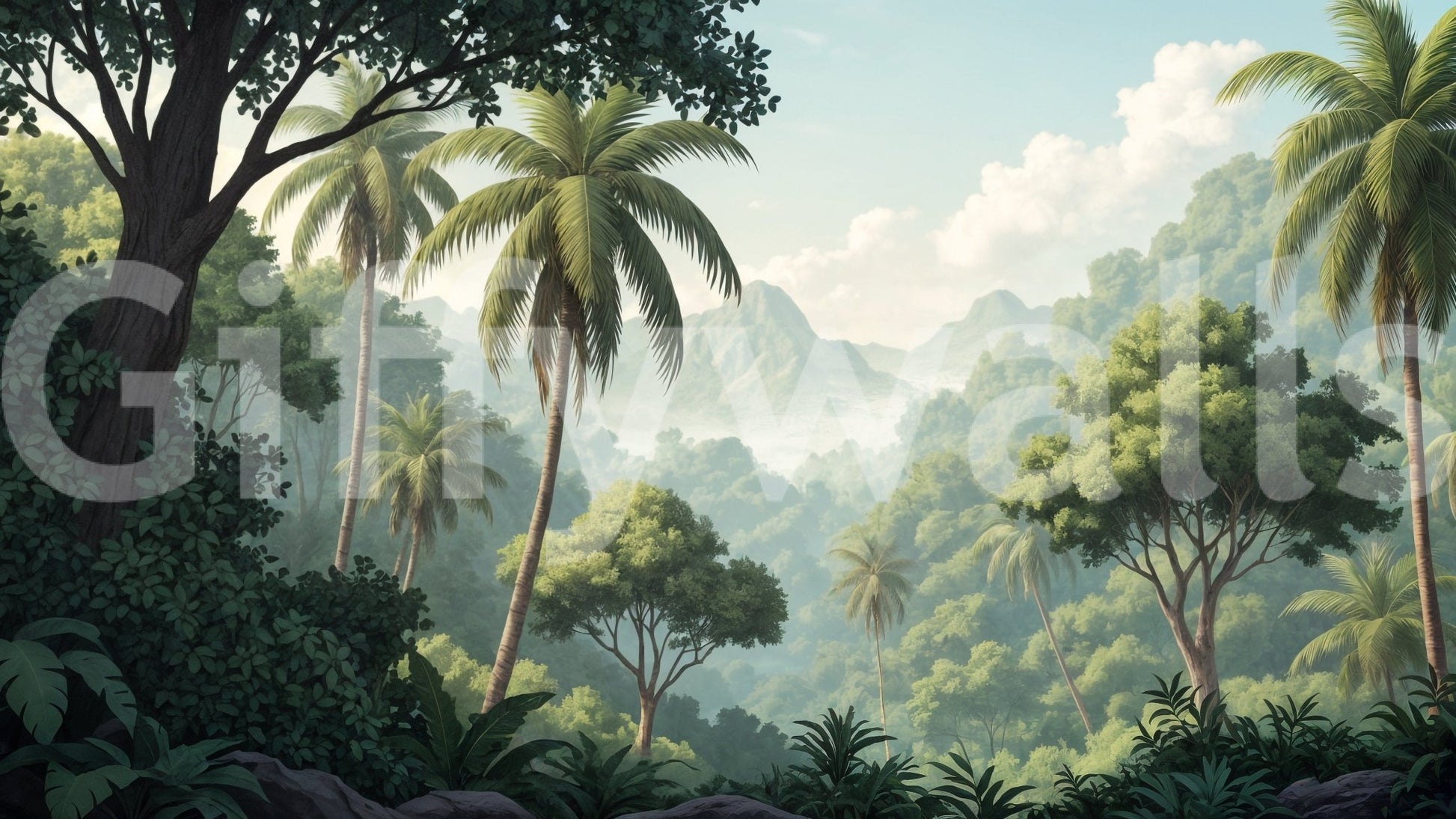 Verdant Palm Vista wall mural for a contemporary balcony-facing wall., GD7884