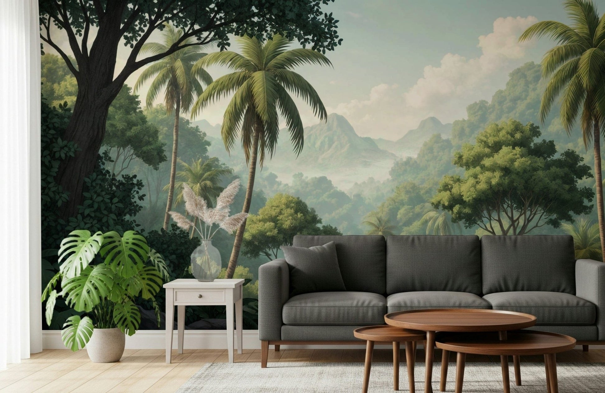 Tropical Palm Vista wall mural used in a minimalist guest suite., GD7884