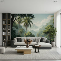 Green Palm Vista wall mural behind a wooden desk in a home office., GD7884