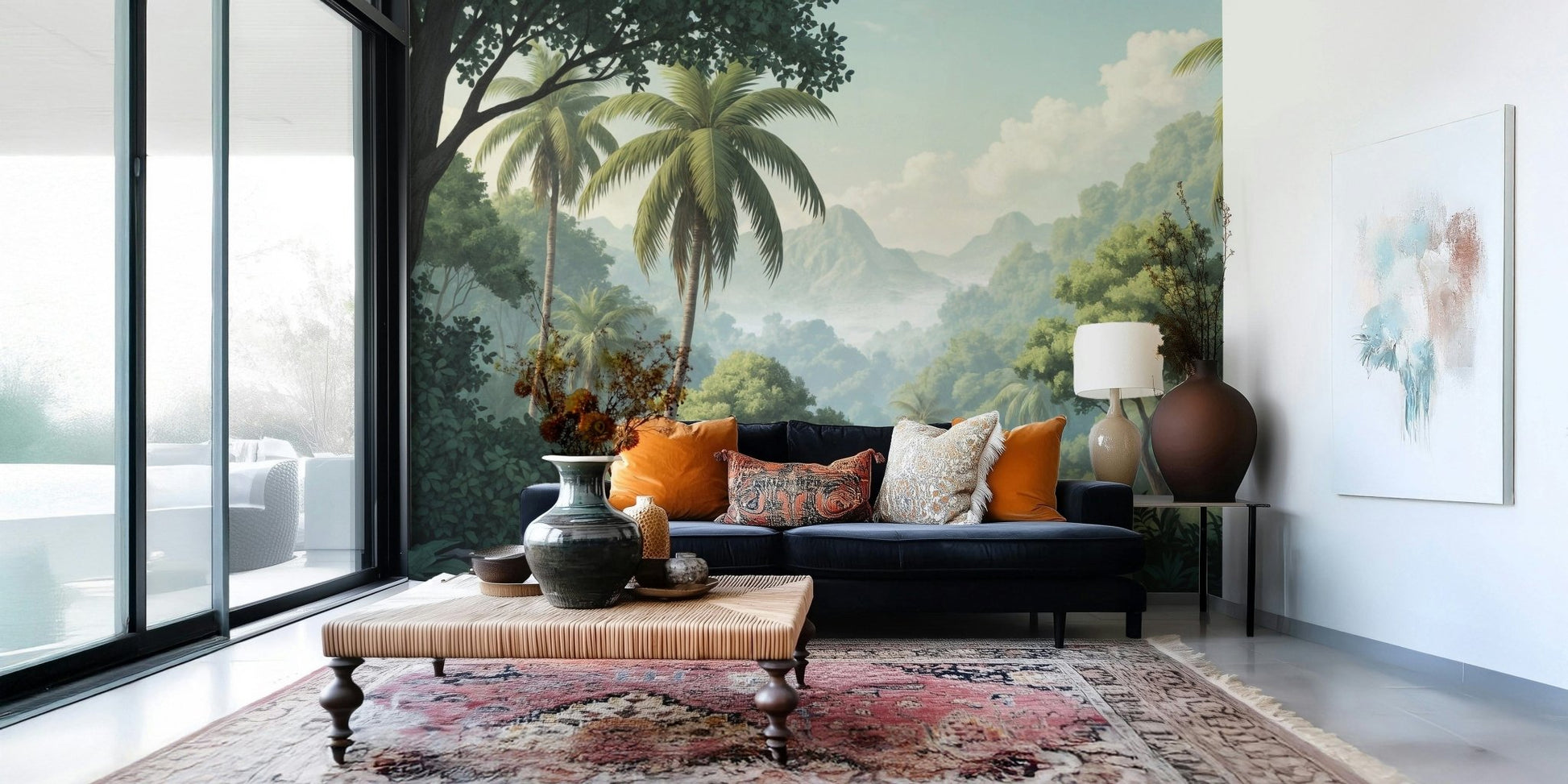 Palm Vista wallpaper adds a tropical touch to a sunlit apartment., GD7884