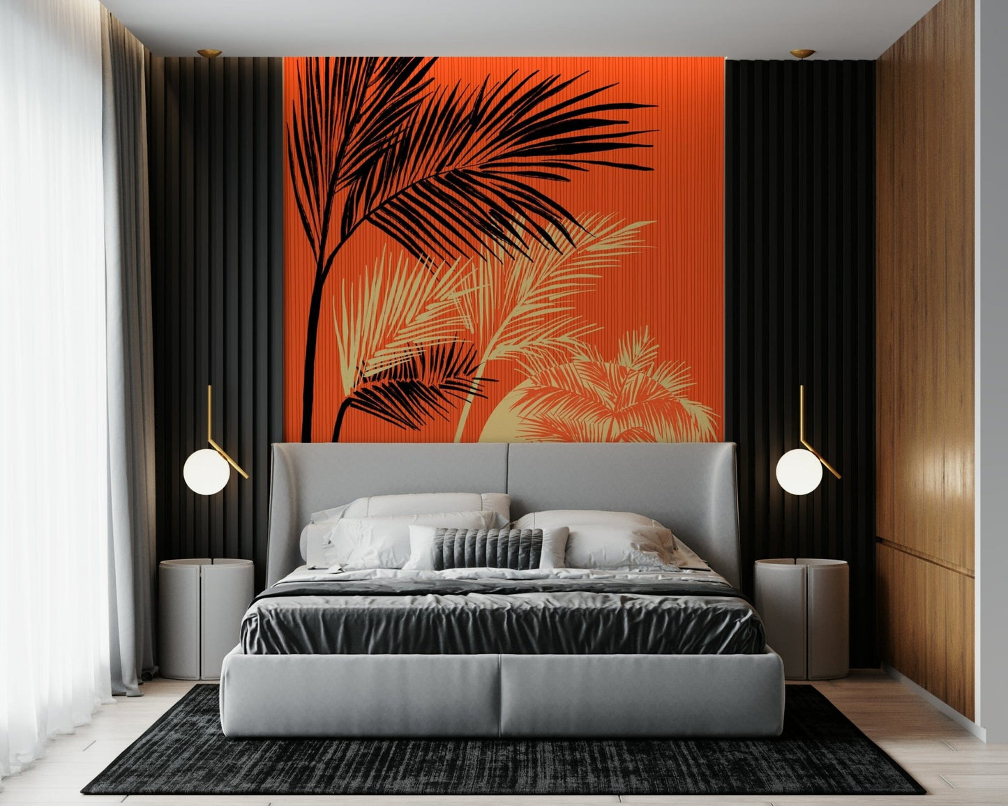 Bedroom interior framed by Palms at Sunset wall mural in deep tropical sunset hues