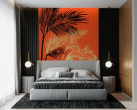 Bedroom interior framed by Palms at Sunset wall mural in deep tropical sunset hues