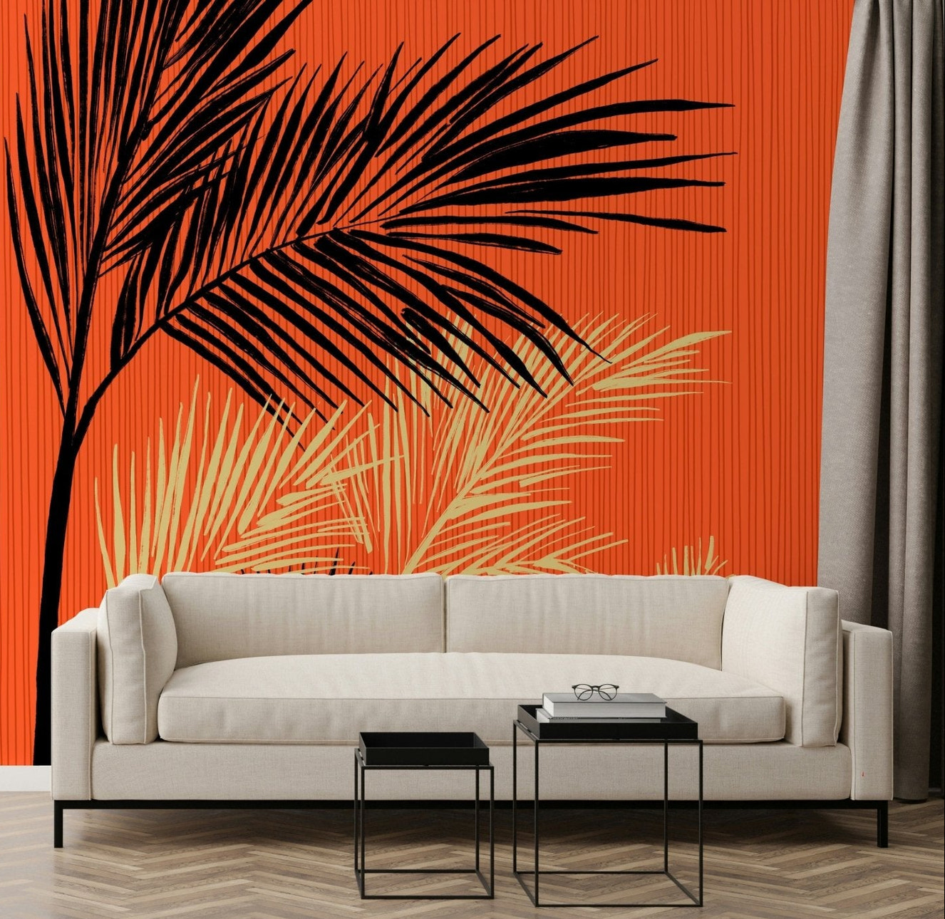 Palms at Sunset wall mural behind a sofa in a warm modern lounge setting