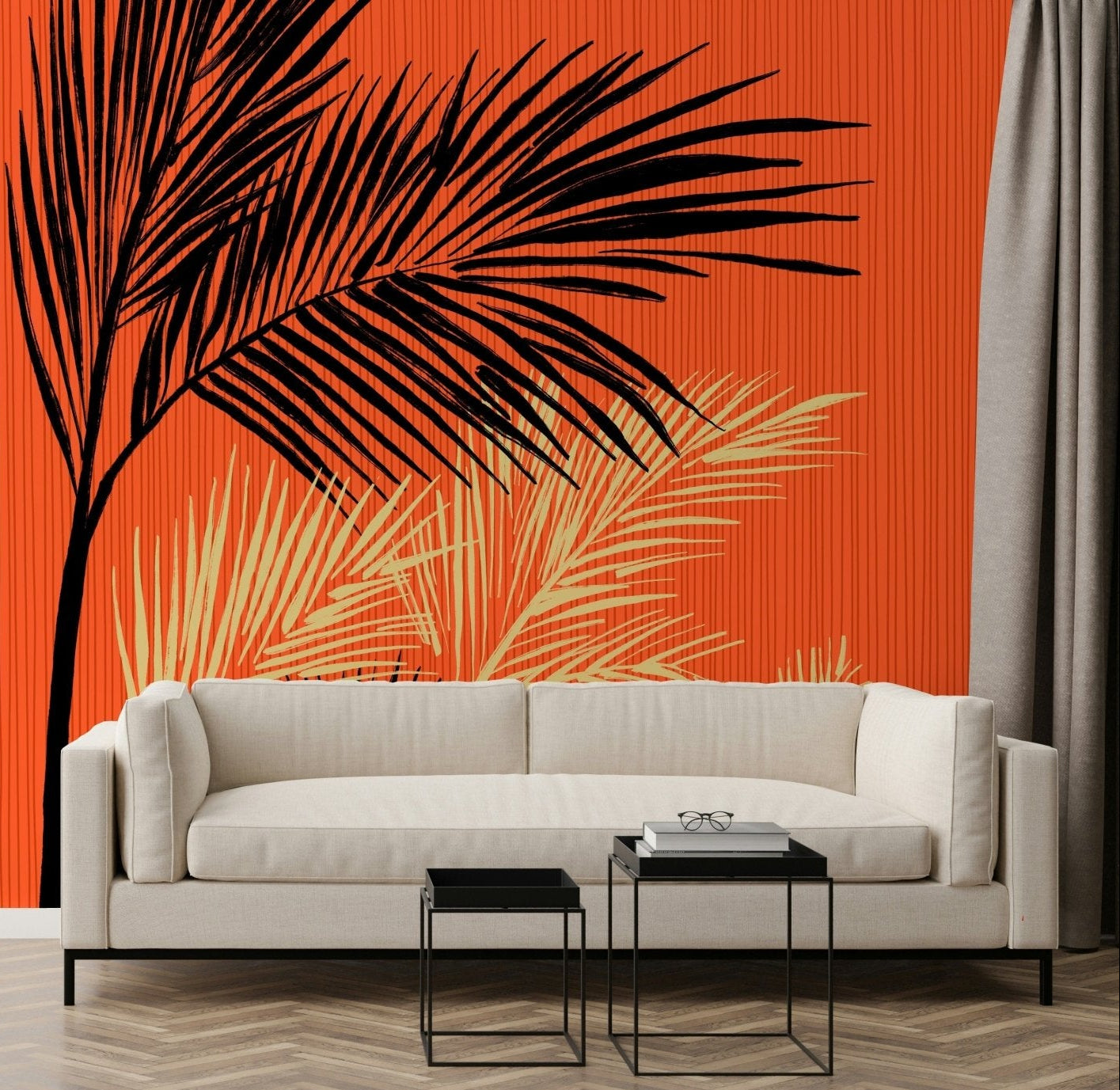 Palms at Sunset wall mural behind a sofa in a warm modern lounge setting