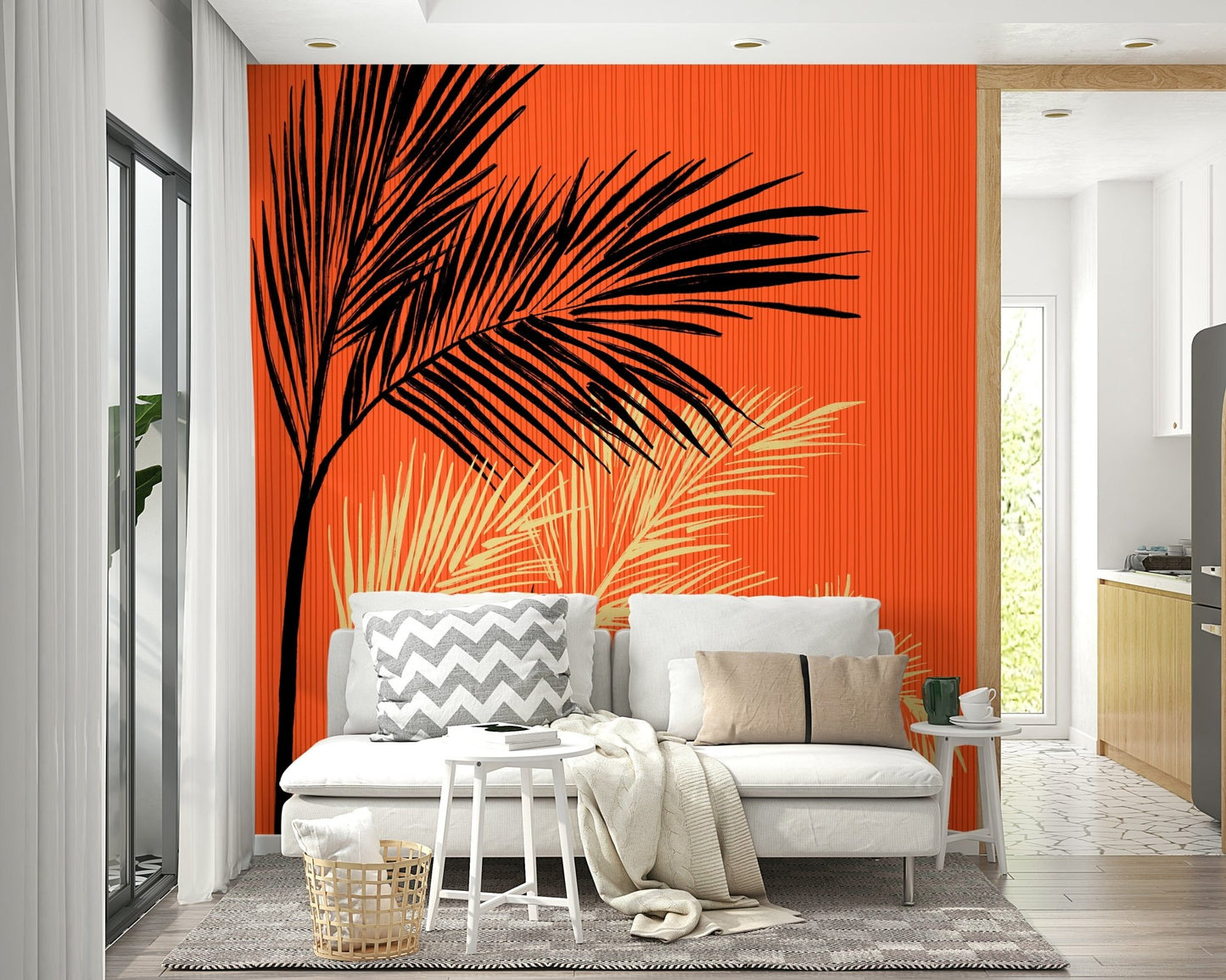 Soft neutral Living room lifted by Palms at Sunset wall mural and sunset glow