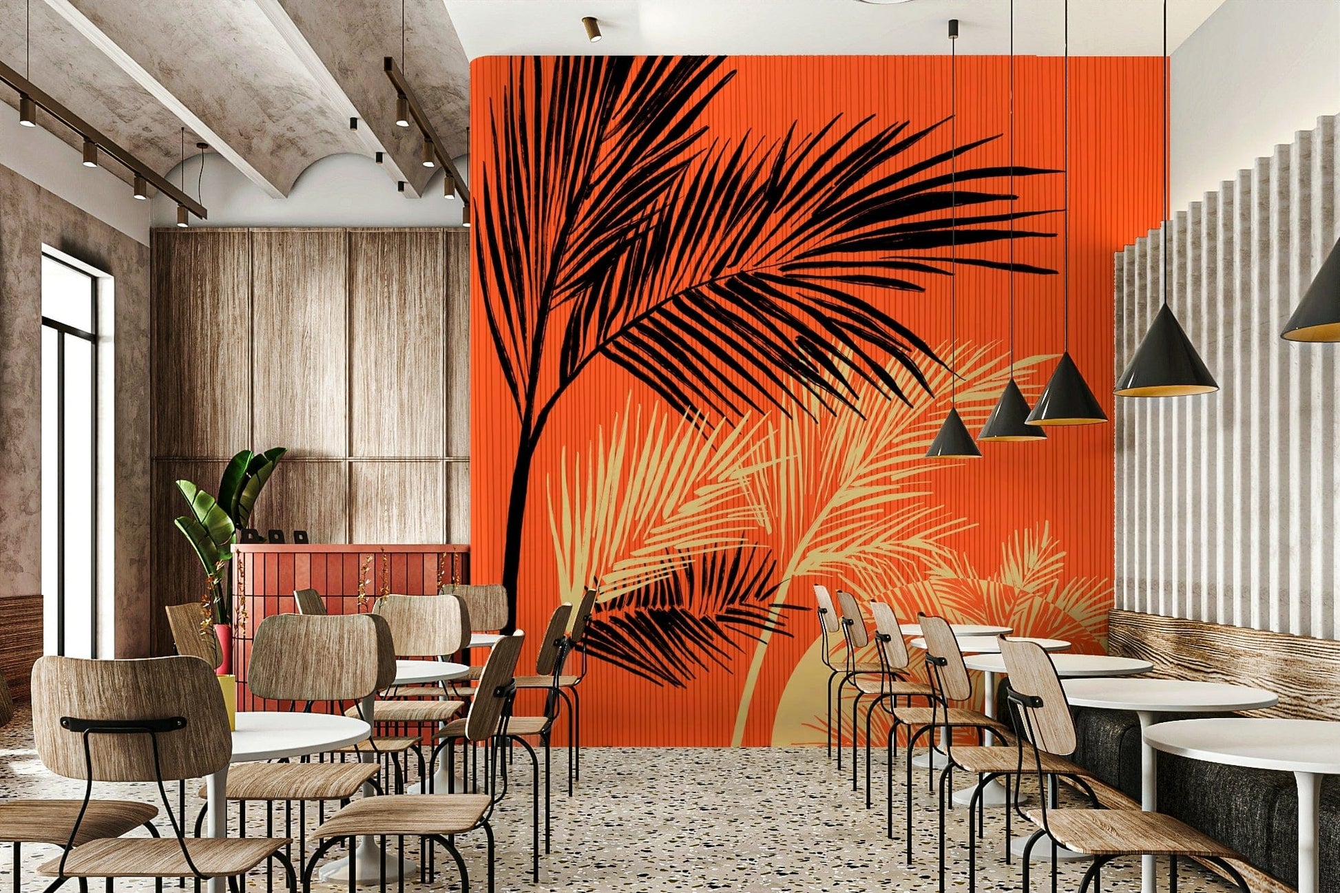 Bright Cafe finished with Palms at Sunset wall mural in matte orange