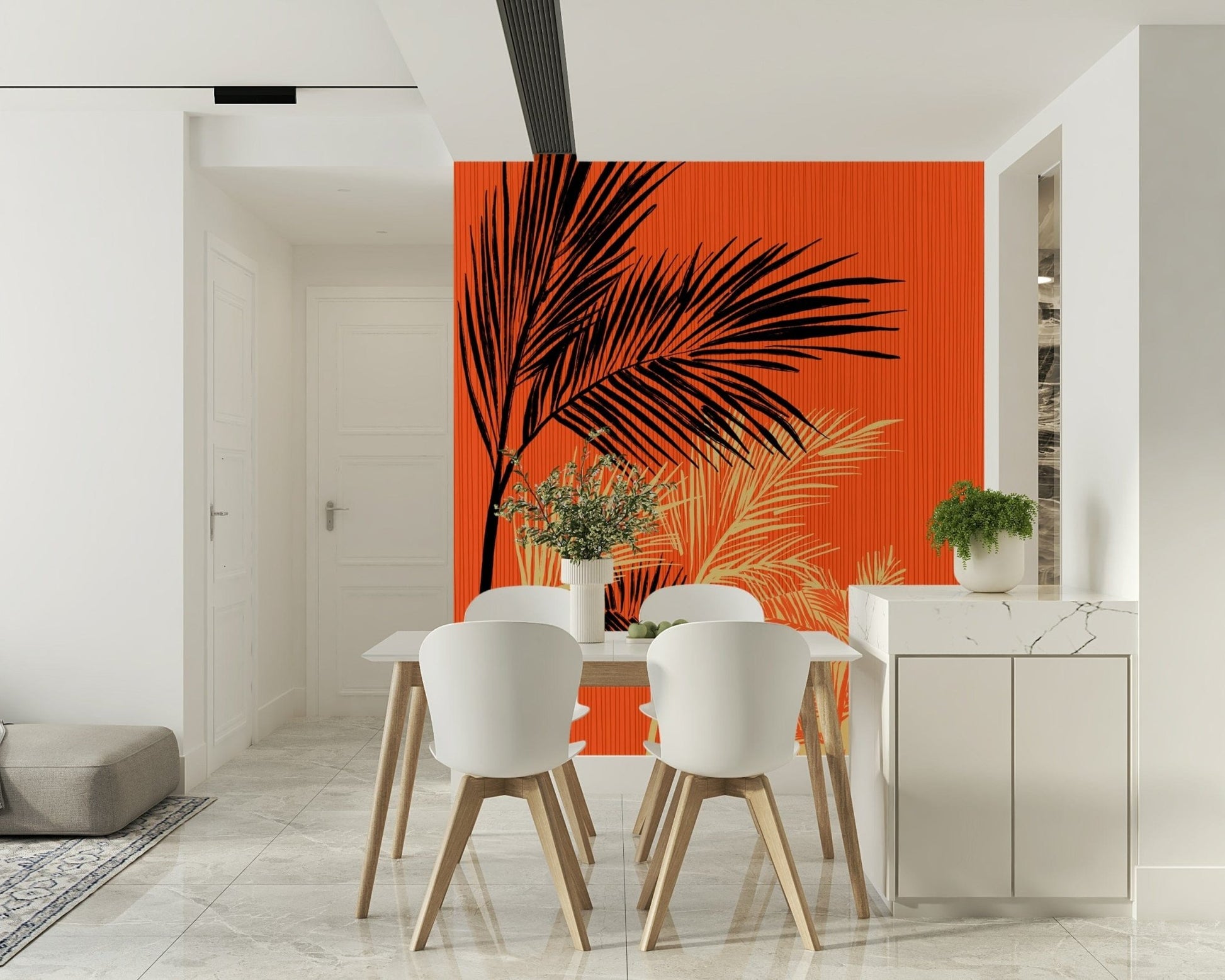 Dining area featuring Palms at Sunset wall mural with striking tropical contrast